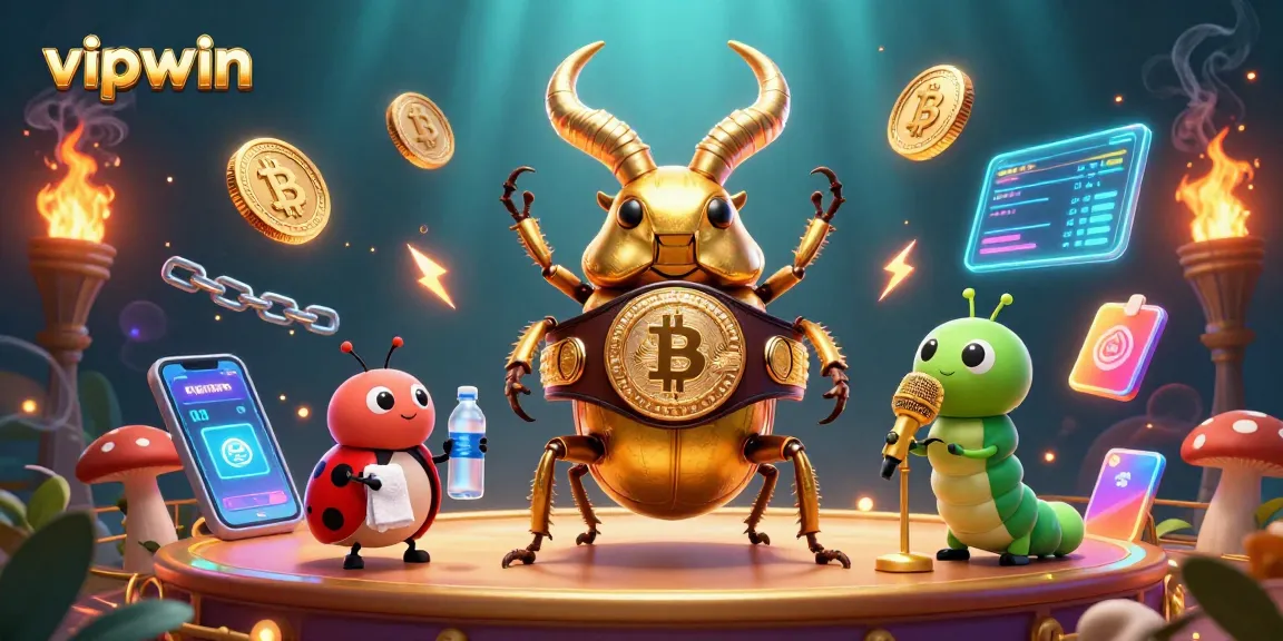 Experience thrilling gaming at vipwin, featuring a golden stag beetle boxing champion surrounded by cryptocurrency elements.