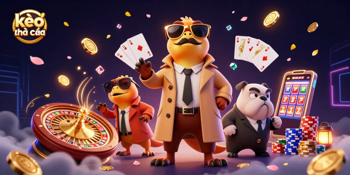Experience immersive betting with kèo nhà cái in this vibrant casino illustration showcasing a raptor trio and a bouncer.