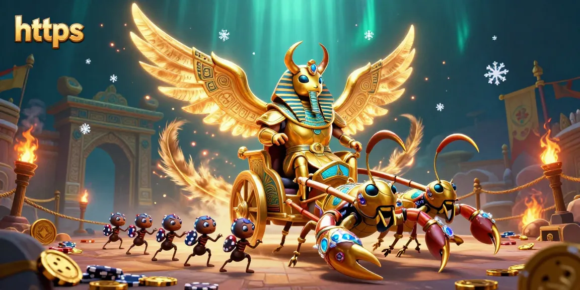 Experience the thrilling action of https with a glowing scarab beetle leading a vibrant casino scene packed with games.