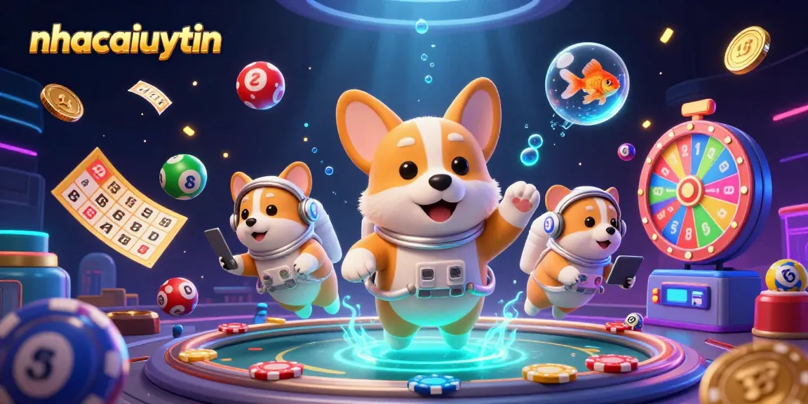 Join the casino excitement with nhacaiuytin as a corgi astronaut plays among floating chips and lottery balls!