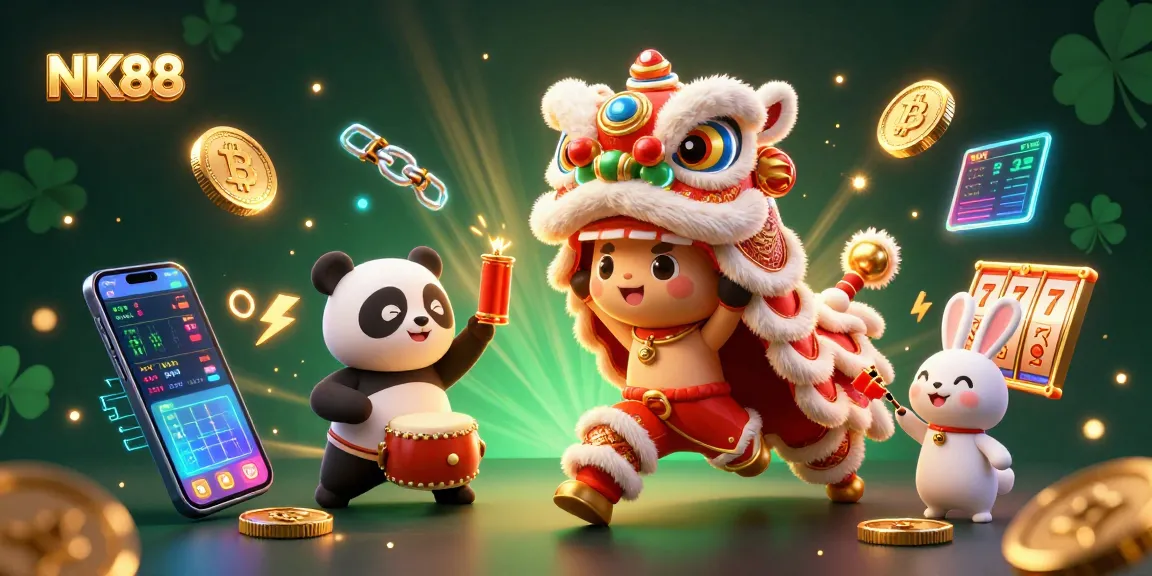 Experience thrilling gameplay with NK88 lottery elements in a festive 3D casino illustration.