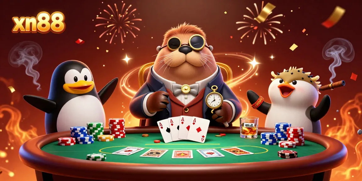 Experience thrilling poker action with xn88's vibrant casino atmosphere featuring charismatic characters.