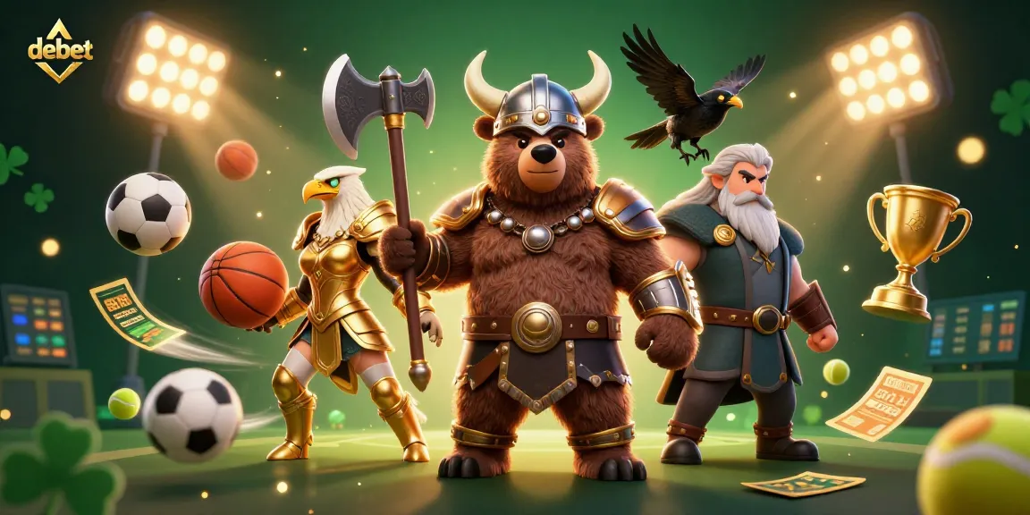 Engage in thrilling betting action with debet, featuring a Viking bear and sports elements.