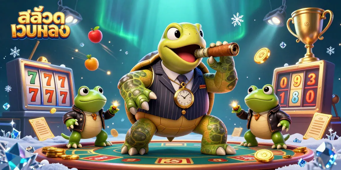 Experience the excitement of สล็อตเว็บตรง with massive snapping turtles and bullfrog enforcers in a vibrant casino scene.