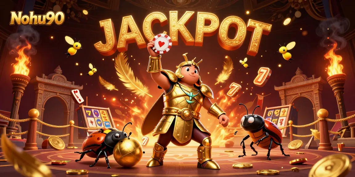 Nohu90 jackpot scene with a beetle hero lifting a poker chip amid exciting casino elements