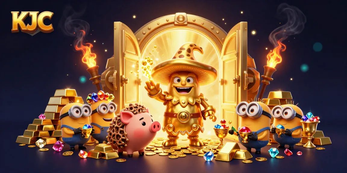 KJC players winning golden treasures in a vibrant 3D casino scene filled with magical elements and gems.