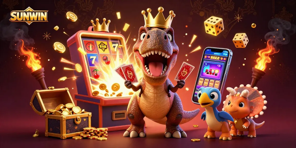 SUNWIN offers an exciting gaming experience as a T-Rex shuffles cards while a Pterodactyl holds for him amid a jackpot explosion.
