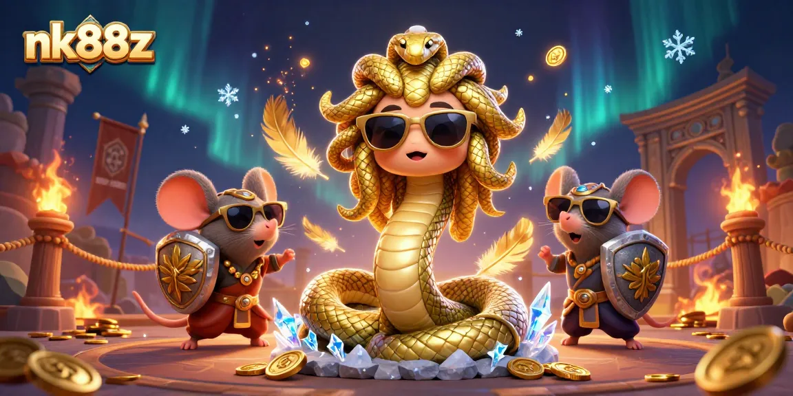 Engage with nk88z's captivating casino illustration showcasing a vibrant gambling scene with Medusa and warrior mouse.