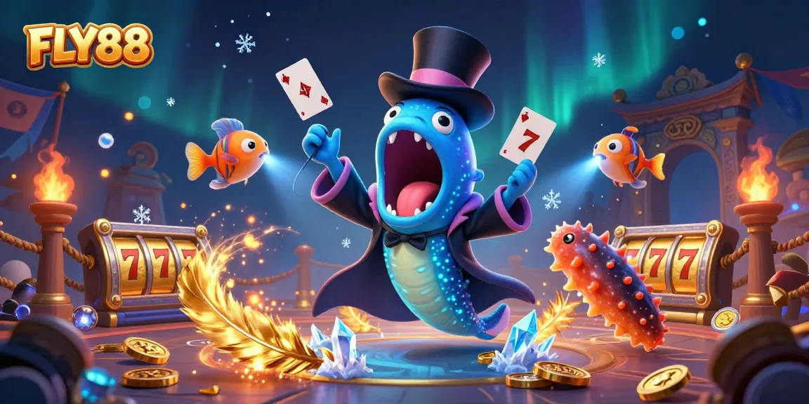 FLY88 showcases an impressive 3D illustration of a deep-sea eel magician performing card tricks with vibrant casino elements around.