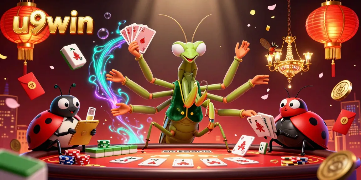 Experience the thrill at u9win with a vibrant casino scene featuring card games and lucky charms.