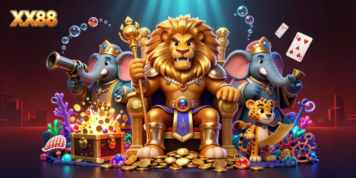Experience thrilling wins at XX88 with this vibrant illustration depicting a majestic lion king surrounded by casino elements.