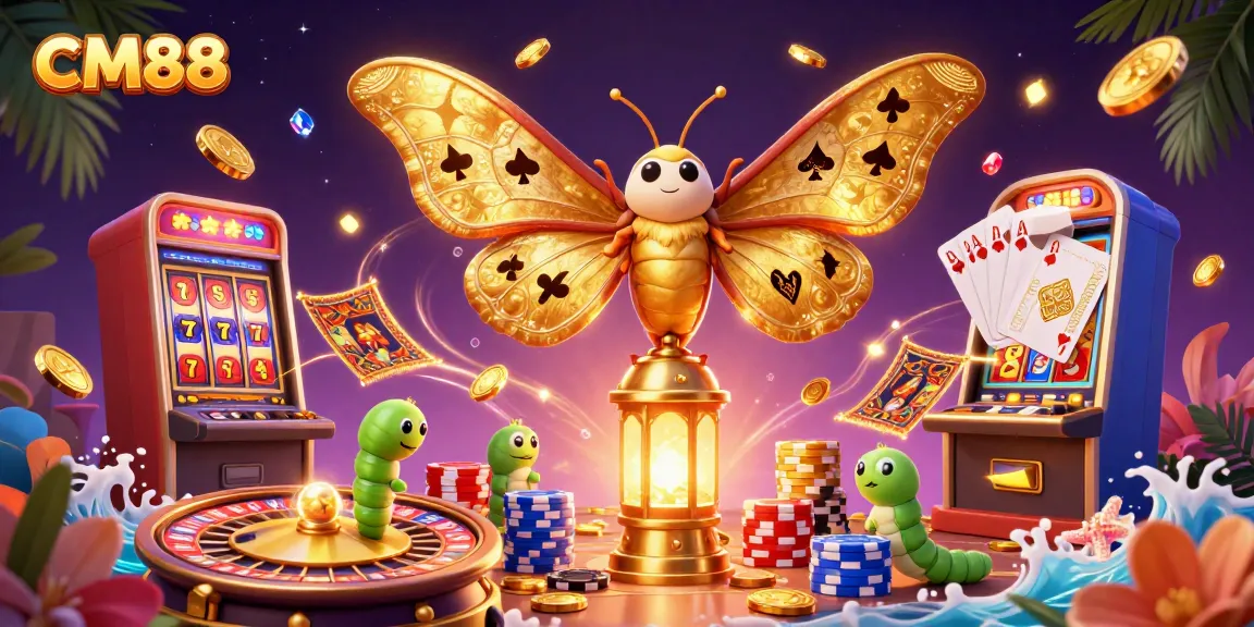 Experience exhilarating casino thrills with CM88's enchanting illustration featuring a regal moth and golden treasures.