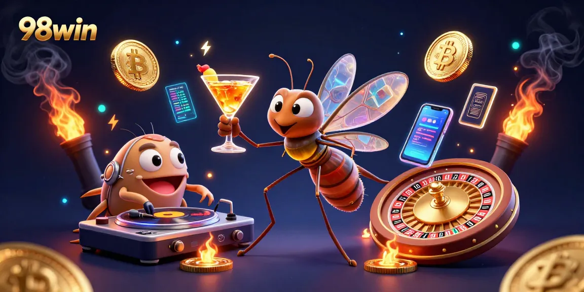 Play exciting games at 98win with a vibrant casino-themed illustration featuring unique characters.