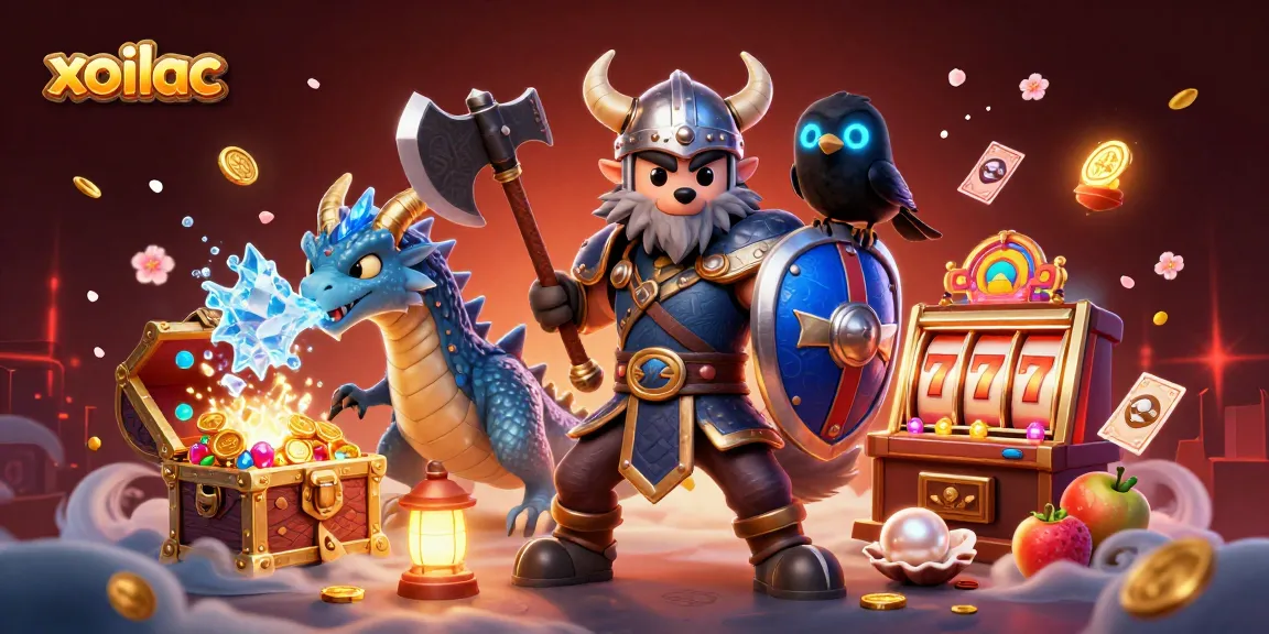 Xoilac delivers immersive gaming through a vibrant illustration of a Viking warrior, majestic dragon, and dynamic slots, enhancing your betting experience.