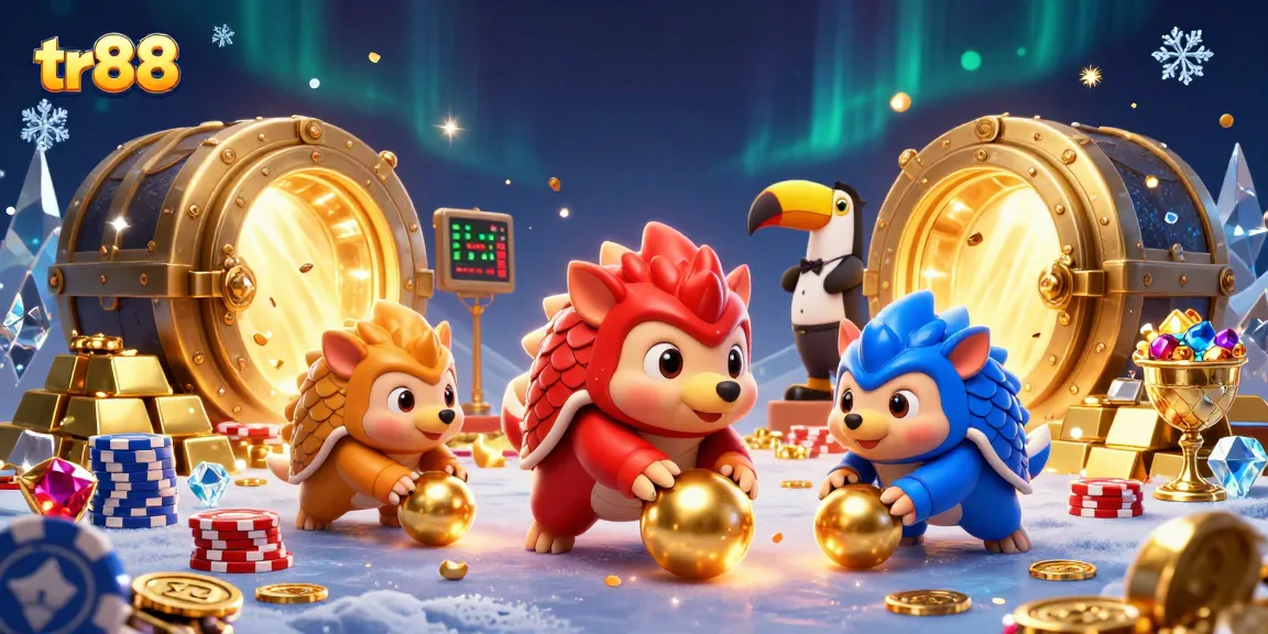 tr88 pangolins competing while bowling through poker chips in a vibrant digital casino scene
