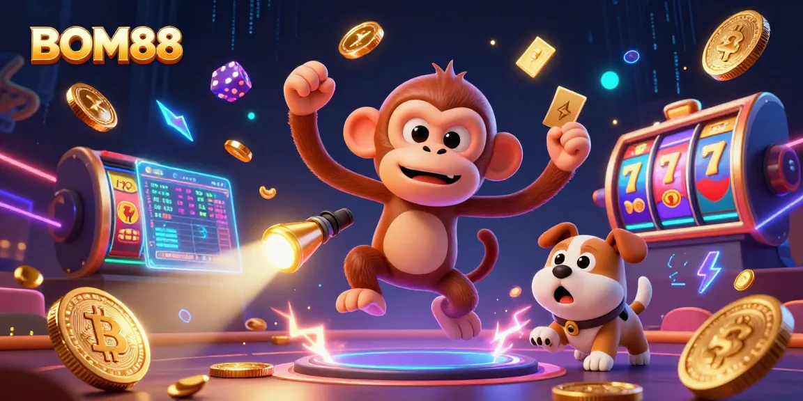 Engage with BOM88's vibrant casino scene featuring colorful slot reels, crypto coins, and dynamic characters.