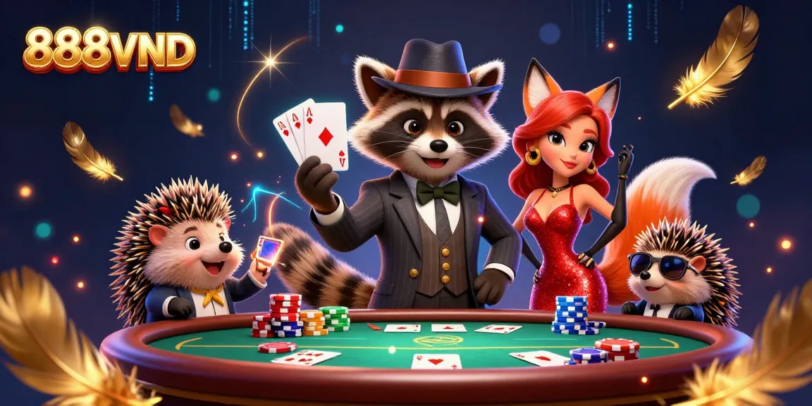Experience thrilling gameplay at 888VND, with a suave raccoon presenting a royal flush hand at a vibrant poker table.