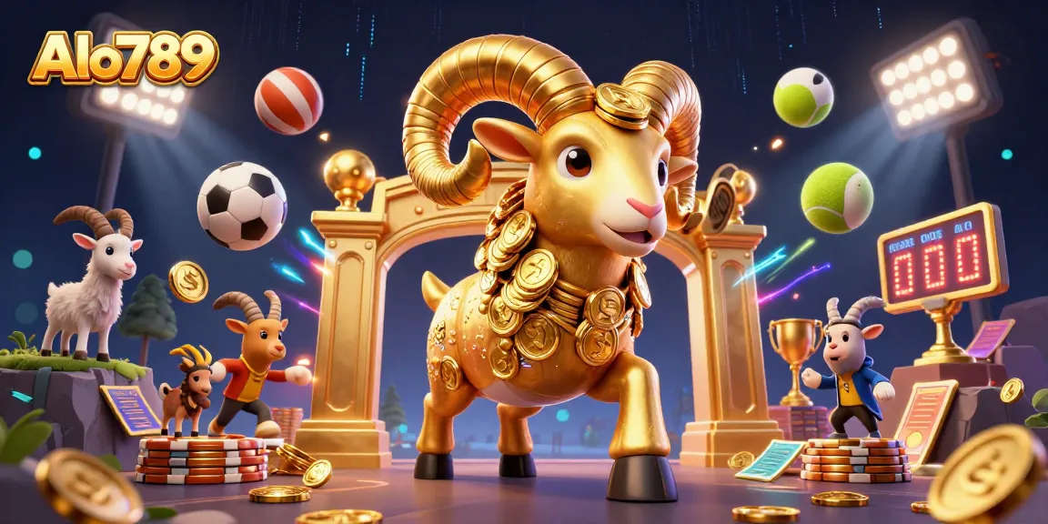 Alo789 offers immersive gaming with a dynamic scene featuring a golden ram and sports elements.