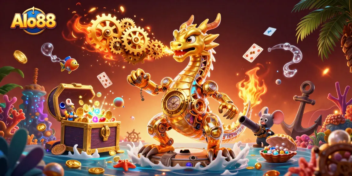 Alo88 engages gamblers with a vibrant 3D scene showcasing a golden dragon amidst casino-themed elements.