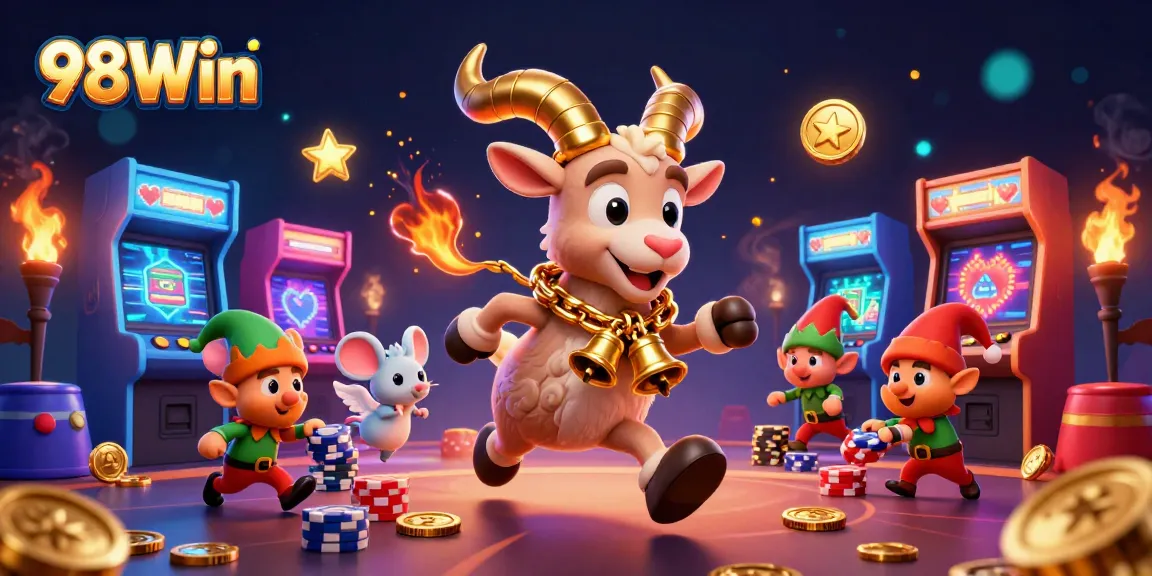Experience casino excitement with the 98Win characters in a festive, dynamic gaming scene.