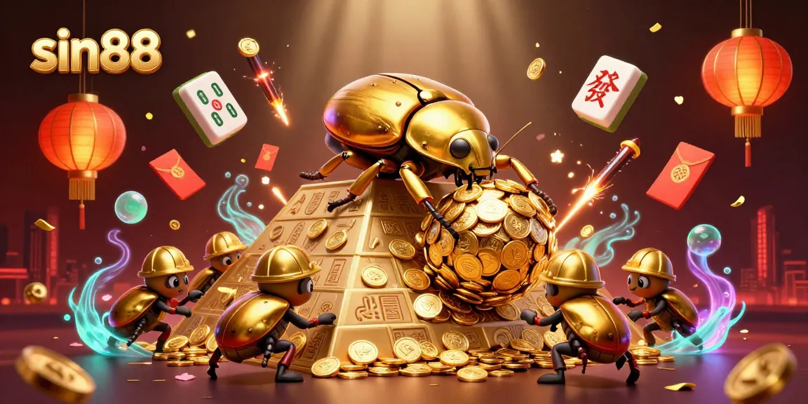 Experience the vibrant world of sin88 as golden beetles and casino symbols surround a lucky pyramid.