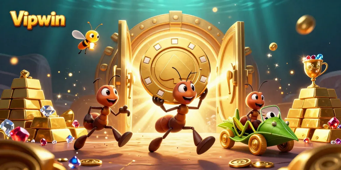 Experience the thrilling heist of ants carrying a giant poker chip in the vibrant world of Vipwin casinos.