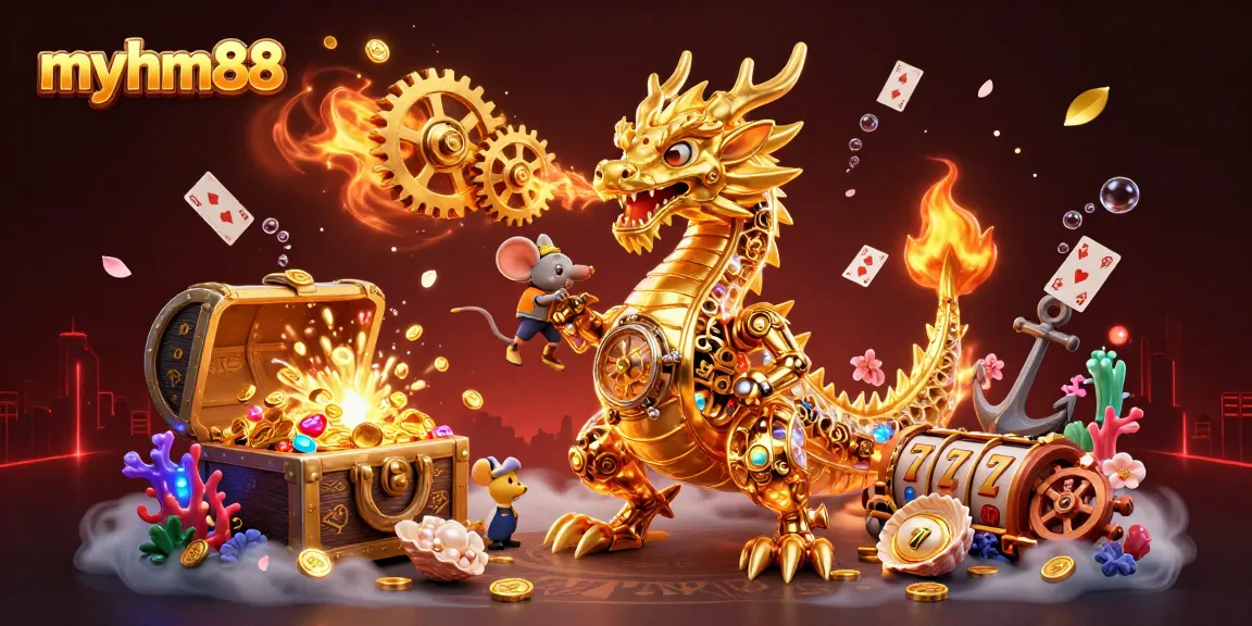 Engage with myhm88 in a vibrant 3D gambling universe featuring a golden dragon amidst slot games, coins, and underwater elements.