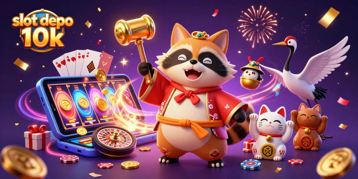 Engage in slot depo 10k excitement with a cheerful tanuki and colorful gaming elements.