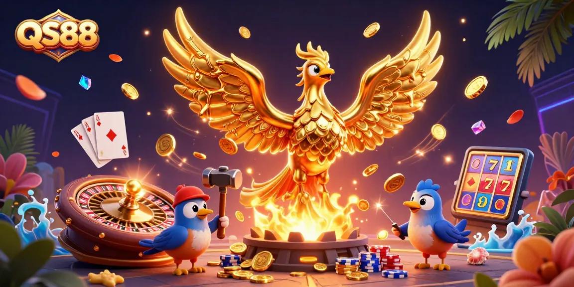 Experience the thrill of QS88 with our vibrant casino illustration featuring golden elements and lively gameplay.