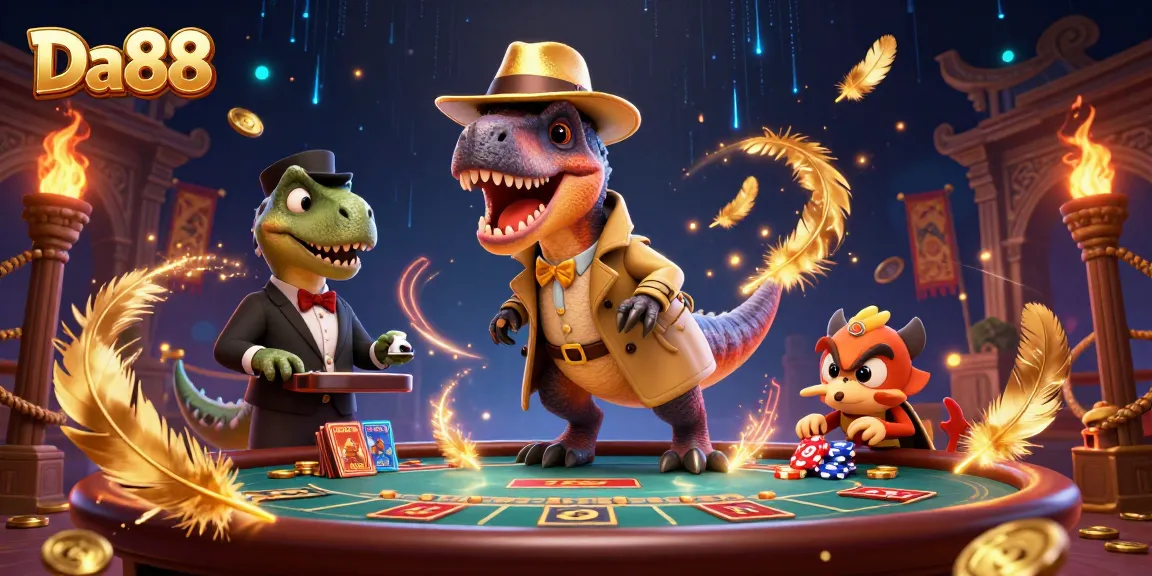 Da88 showcases an exciting blackjack scene with a velociraptor counter amidst vibrant casino elements.