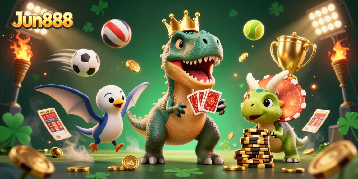 Engage in exciting sports betting with Jun888, featuring dynamic characters and vibrant casino elements.