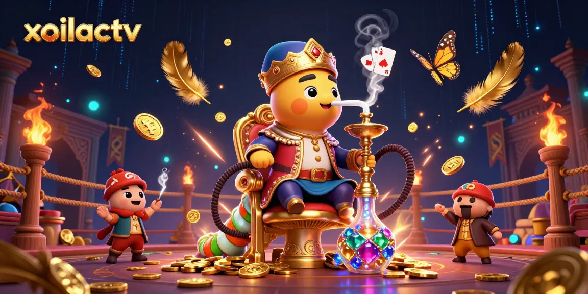 Xoilactv captivates with a dynamic scene featuring a caterpillar hookah-master in a Turkish sultan outfit surrounded by golden coins and poker symbols.