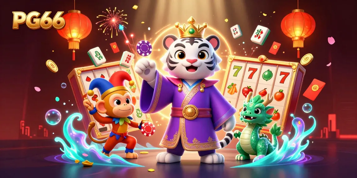 Engage with PG66's vibrant casino scene featuring a tiger, monkey, and jade dragon playing dynamically with slot game elements.
