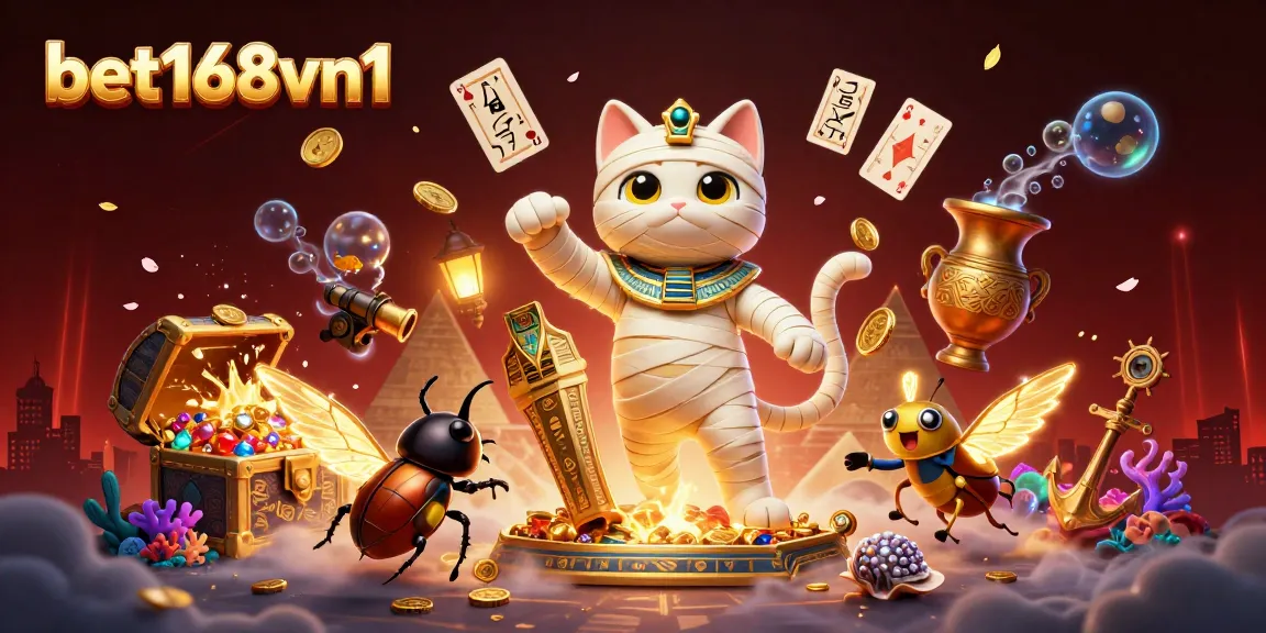 Experience thrilling gameplay with bet168vn1 in a vibrant casino scene featuring a mummy cat and floating cards.