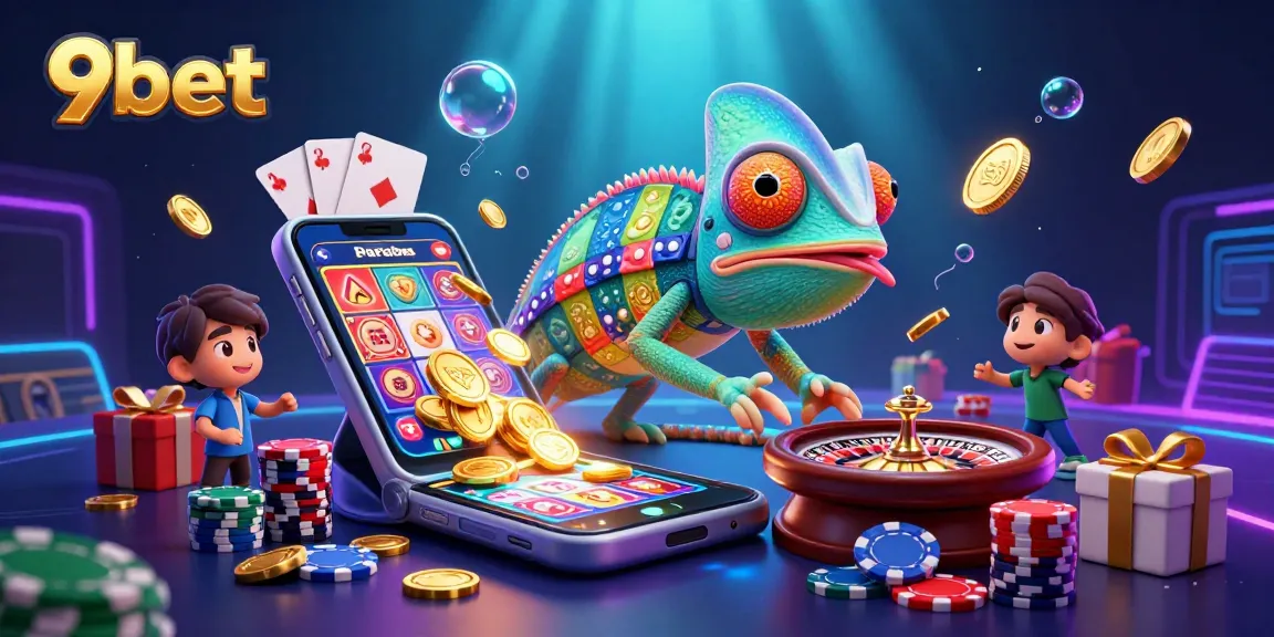 Engage with 9bet's vibrant casino scene featuring a colorful chameleon and dynamic gaming elements.