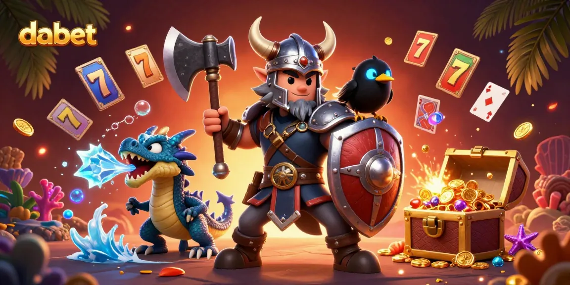 dabet showcases a Viking wolf warrior amidst slot reels and treasure, igniting excitement in players.