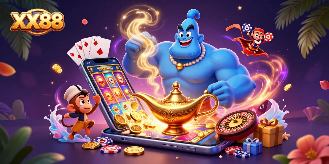 Experience the excitement of XX88 with a genie and poker chips in a vibrant casino scene.