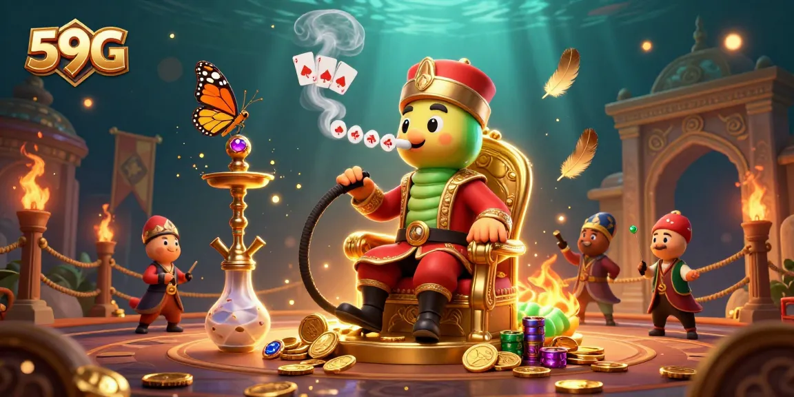 Experience 59G with vibrant gambling elements and a whimsical caterpillar master in a Turkish throne.